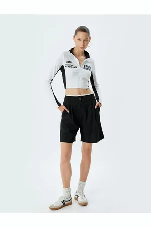 Koton Crop T-Shirt Zippered Long Sleeve Racing Themed Printed Slim Fit