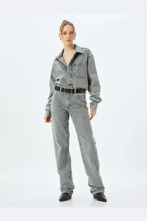 Koton Straight Long Leg Normal Waist Pocket Detailed Stoned Jeans - Longer Straight Fit Jeans