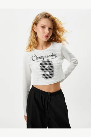 Koton Mesh College Crop T-Shirt Long Sleeve Crew Neck Cotton