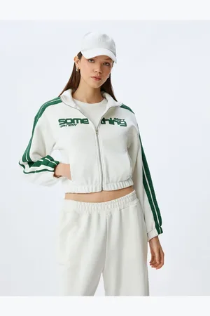Koton Crop Stand Collar Piping Pocket Detailed College Printed Zippered Sweatshirt