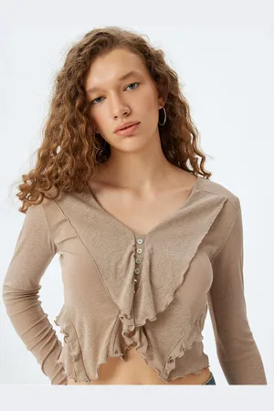 Koton Long Sleeve Buttoned V Neck Ruffle Asymmetrical Blouse
