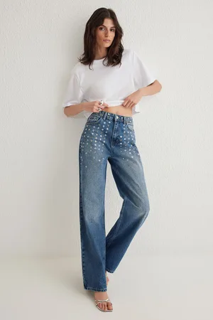 Trendyol Blue Eyelet Detail High Waist Wide Leg Jeans