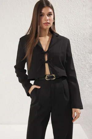 Trendyol Black Tie Detail Lined Crop Blazer Jacket