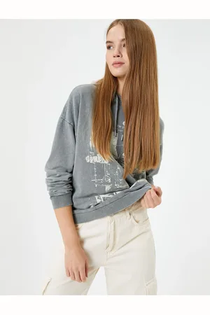 Koton Hooded Sweatshirt Faded Effect Printed Raised Cotton