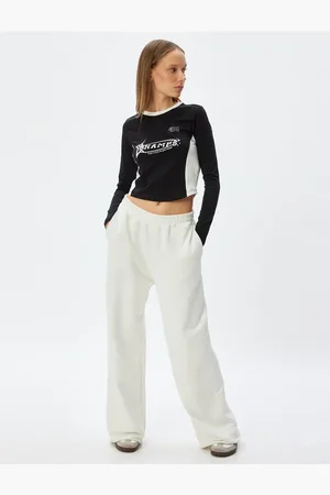 Koton Crop T-Shirt Long Sleeve Slogan Printed Color Block Crew Neck Slim Fit