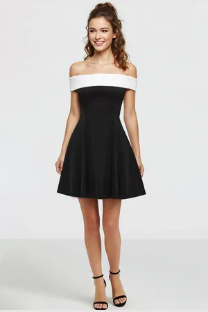 Trendyol Black-White A-Cut Carmen Collar Woven Wedding/Marriage Chic Mini Evening Dress