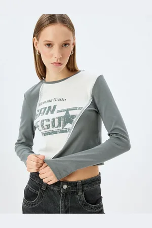 Koton Long Sleeve Stitch Detailed Slogan Printed Slim Fit Crew Neck T-Shirt