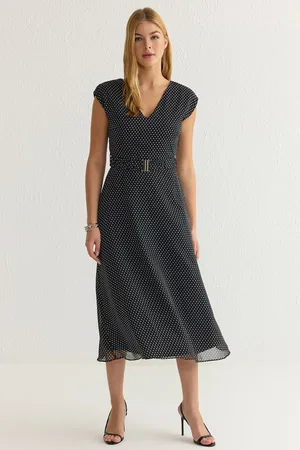 Trendyol Black Belted Polka Dot Patterned A-Line V-Neck Midi Woven Dress