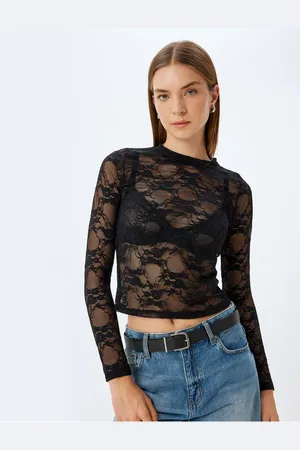 Koton Long Sleeve Crew Neck Transparent Tulle Lace T-Shirt