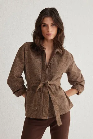 Trendyol Multicolored Leopard Patterned Belted Brown Denim Jacket