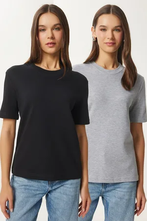 Happiness istanbul Women Black Grey Melange 2-Pack Cotton Basic Knitted T-Shirt