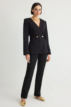 Trendyol Black V Neck Fitted Double Breasted Blazer Coat Blazer Jacket
