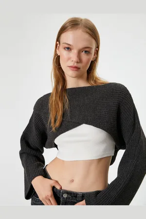 Koton Crop Knitwear Sweater Boat Neck Folded Bell Sleeve
