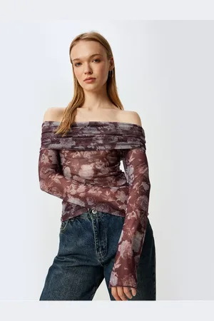 Koton Transparent Blouse Off the Shoulder Madonna Collar Long Sleeve Floral Pattern