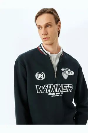 Koton Raised Cotton Blend Slogan Printed Half Zip Sweatshirt