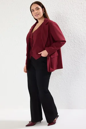 Trendyol Curve Burgundy Lined Oversize/Wide Cut Blazer Woven Plus Size Fabric Jacket