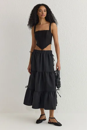Trendyol Black Parachute Fabric Ribbon Detail A-line Maxi Length Woven Skirt