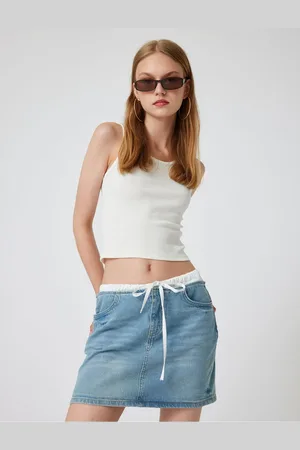 Koton Double Waist Detailed Laced A Cut Mini Denim Skirt