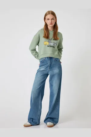Koton Oversize Crop Sweatshirt Hooded Cat Print