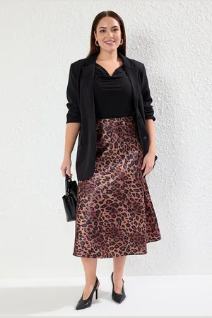 Trendyol Curve Brown Leopard/Animal Patterned Satin Woven Plus Size Skirt