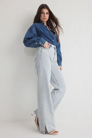 Trendyol Light Blue Slit Hem High Waist Wide Leg Jeans