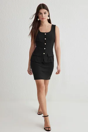 Trendyol Black A Cut Vest Detail Buttoned Mini Woven Dress