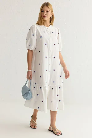 Trendyol Ecru Floral Embroidered Midi Woven Dress