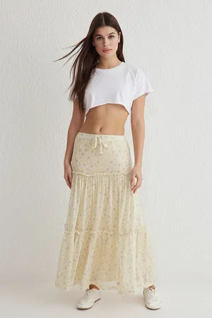 Trendyol Light Yellow Tulle Floral Printed Gathered/Draped Detail Flexible Skirt