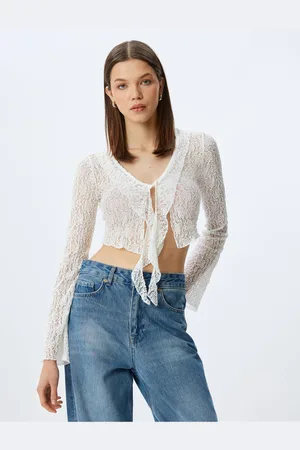 Koton Lace V Neck Ruffled Spanish Sleeve Crop Blouse