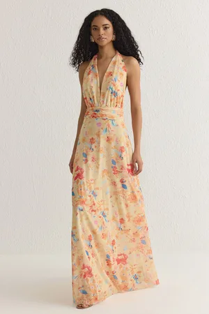 Trendyol Pink-Multicolored A-Line Floral Patterned Knitted Long Elegant Evening & Graduation Dress
