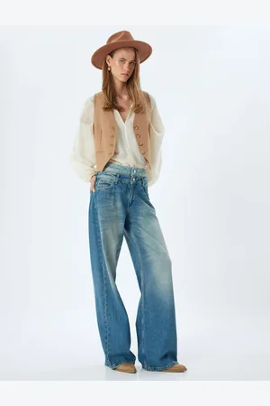 Koton Loose Jeans Double Waist Detail Buttoned Washed - Loose Straight Fit Jean