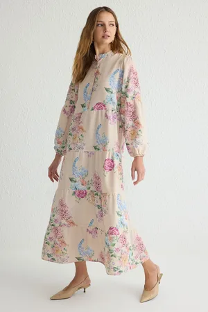 Trendyol Pink Unlined Floral Woven Linen Look Hijab Dress