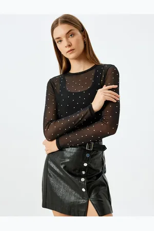 Koton Long Sleeve Round Neck Slim Fit Stoned Tulle Transparent T-Shirt