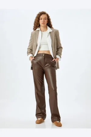 Koton Faux Leather Stitched Detail Buttoned Straight Leg Trousers