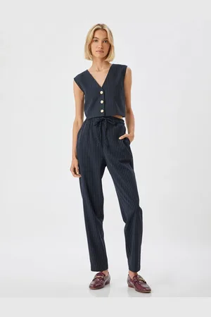 Koton Striped High Waist Cigarette Trousers with Pockets and Waist Tie