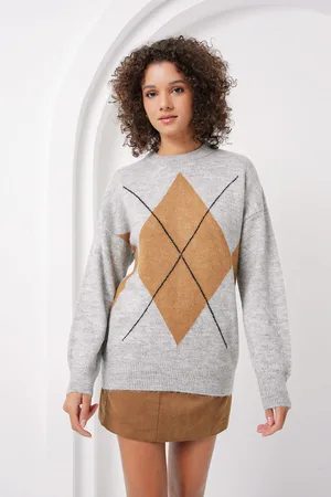 Bigdart 15895 Oversize Knitted Sweater with Diamond Pattern - Gray