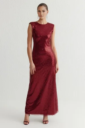 Trendyol Burgundy Sequin Knitted Stylish Evening Dress