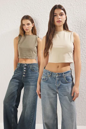 Trendyol Khaki-Ecru 2-Pack Sleeveless Crop Cotton Stretch Knit Tank Top