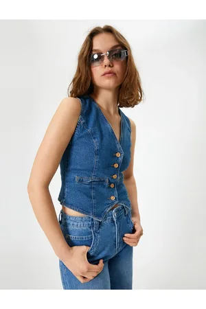 Koton Sleeveless Buttoned V Neck Denim Vest - Slim Fit