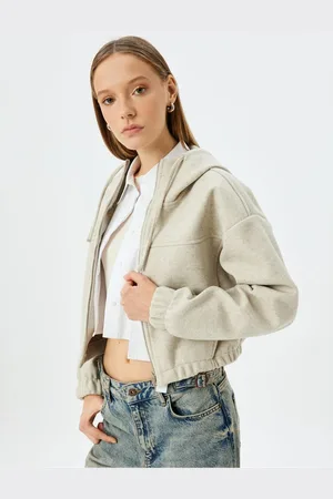 Koton Hooded Zippered Stitch Detailed Crop Sweatshirt