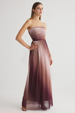 Trendyol Multicolored A-Line Drape Detail Tulle Knitted Long Elegant Evening Dress