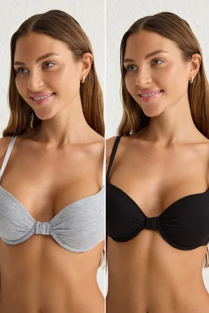 Trendyol Black-Grey 2-Pack Cotton Rope Strap Covered T-Shirt Bra Knitted Bra