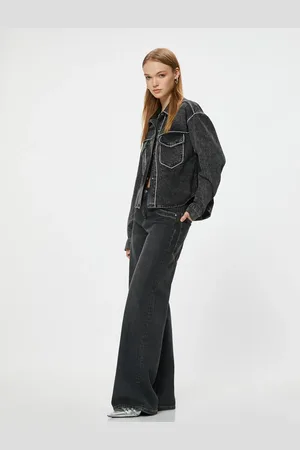 Koton Oversize Stoned Denim Jacket with Pocket Detail and Buttons