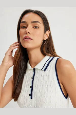 Koton Button Detail Color Contrast Striped Sleeveless Polo Neck Knit Top