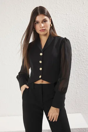 Trendyol Black Metal Button Detailed Transparent Sleeve Crop Blazer Jacket