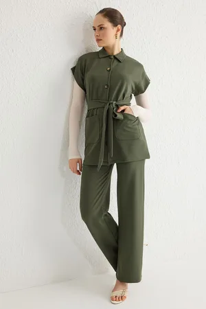 Trendyol Khaki Crepe Knitted Top-Bottom Set