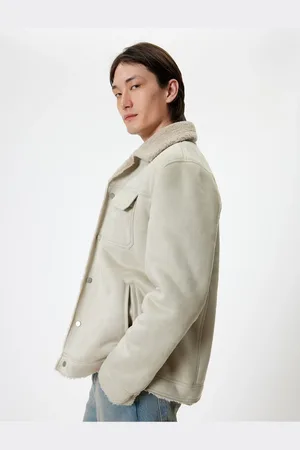 Koton Suede Look Jacket Slim Fit Plush Detail Shirt Collar