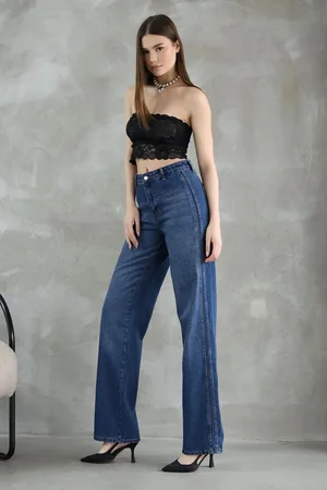 Trendyol Dark Blue Stitch Detail High Waist Straight Jeans