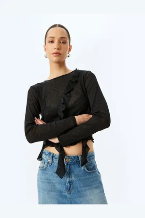 Koton Long Sleeve Crew Neck Semi-Transparent Asymmetric Ruffle T-Shirt
