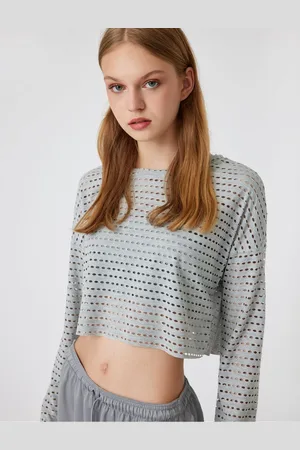 Koton Oversize Crop Sports T-Shirt Crew Neck Openwork Long Sleeve